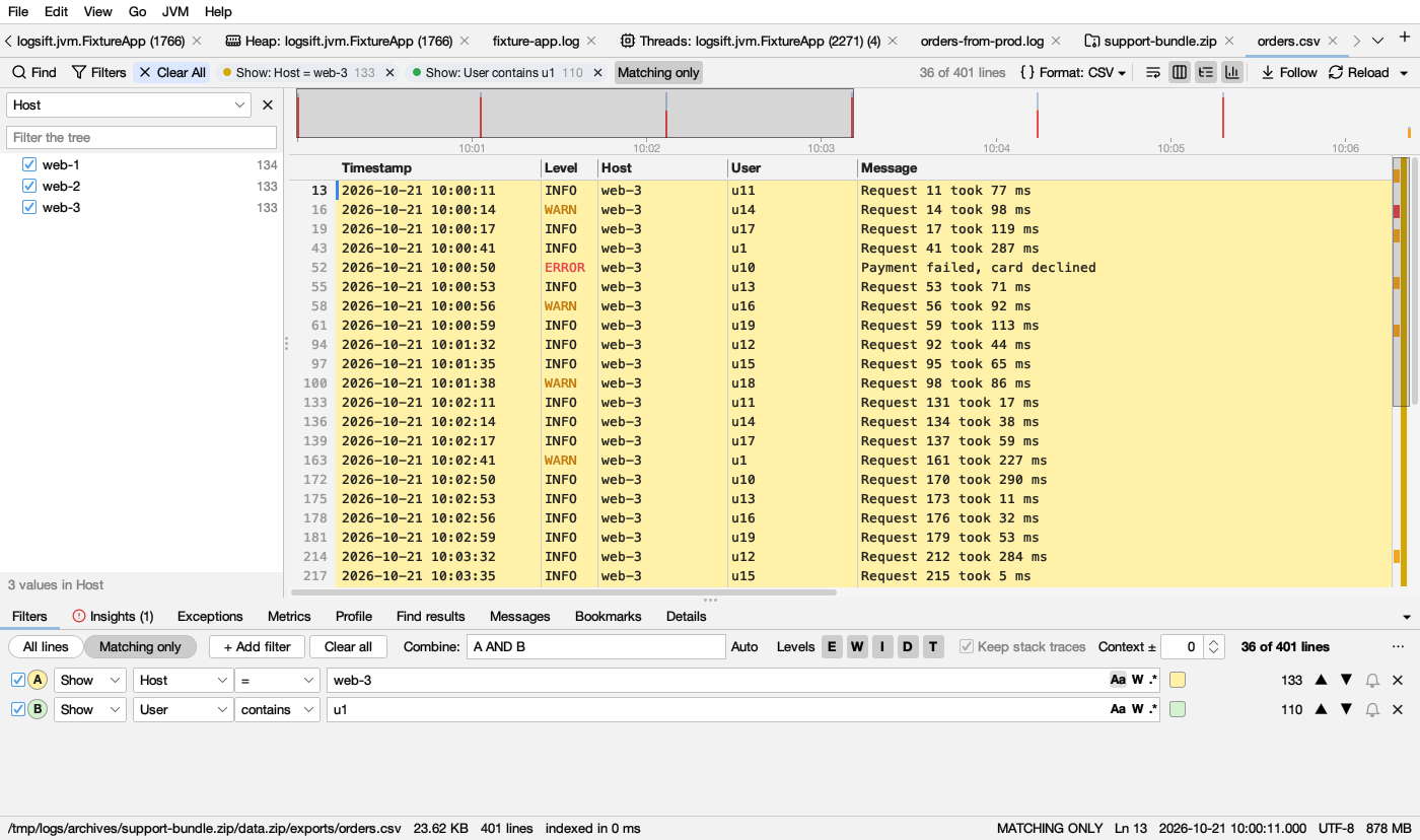 Two filters on columns of a CSV file: Host = web-3 and User contains u1, as chips and in the Filters tab