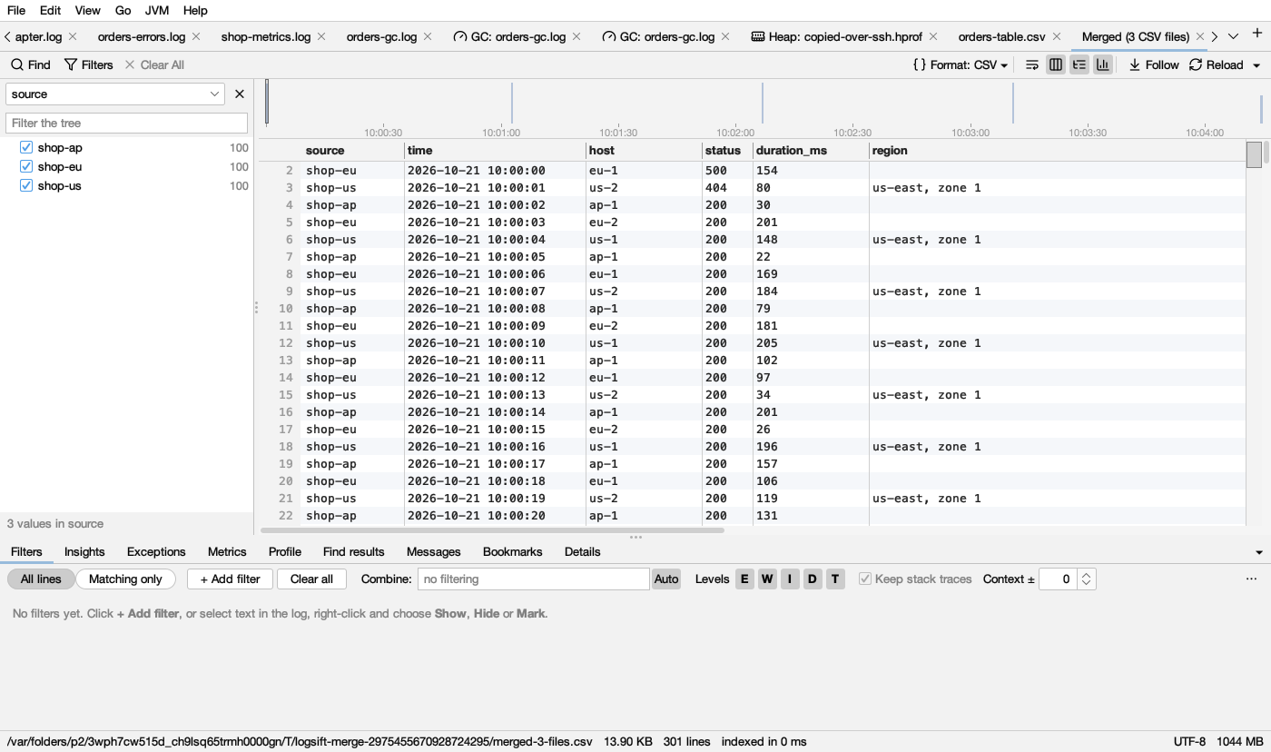 Three CSV files merged into one: a source column, the columns of all three, and the sources in the tree