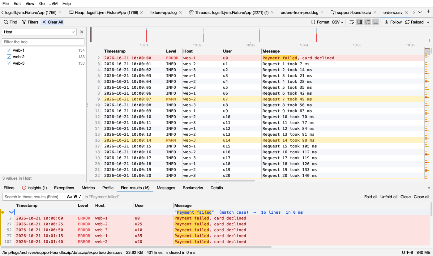 A CSV file from inside a zip, shown as columns, with its hosts in the tree
