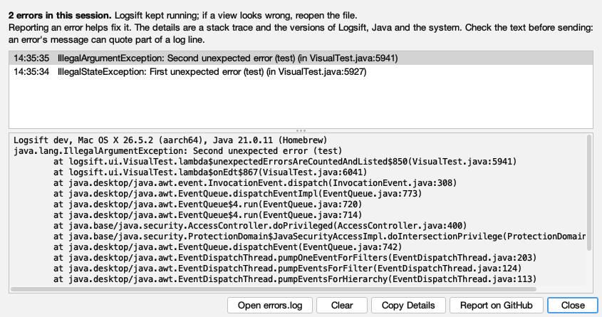 The errors of this session: two errors, the details of the newest, and Report on GitHub