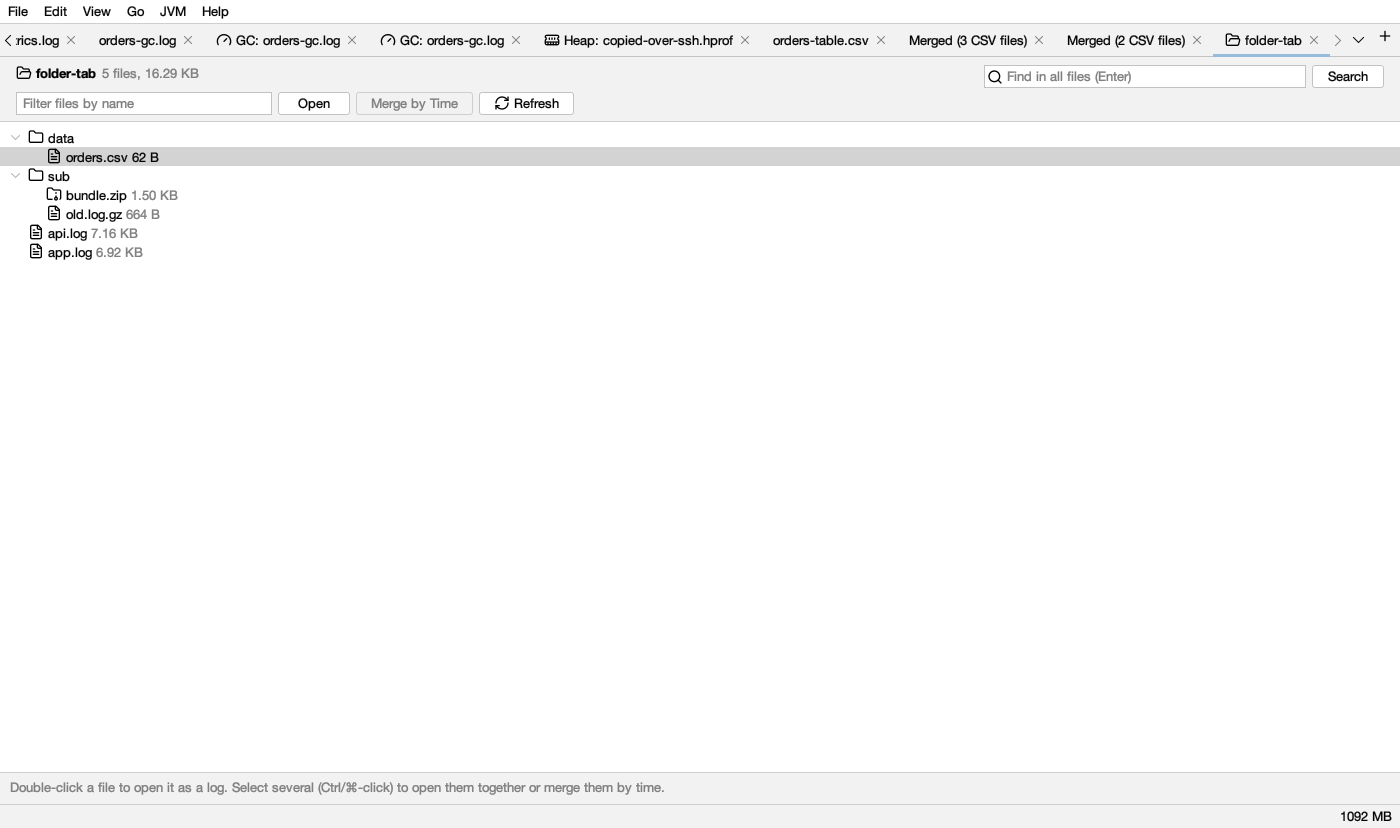 A folder's files as a tree: a subfolder with a .gz and a zip, a CSV, and two logs
