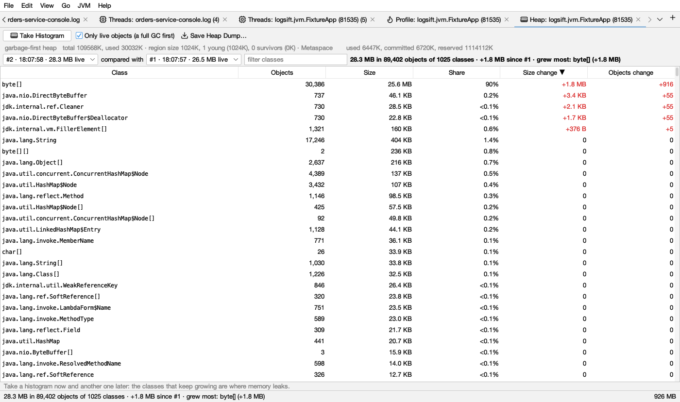 A heap histogram of a running JVM, by class