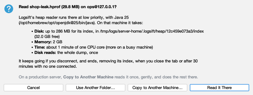 Reading a heap dump on a server: what it takes there, asked before it starts