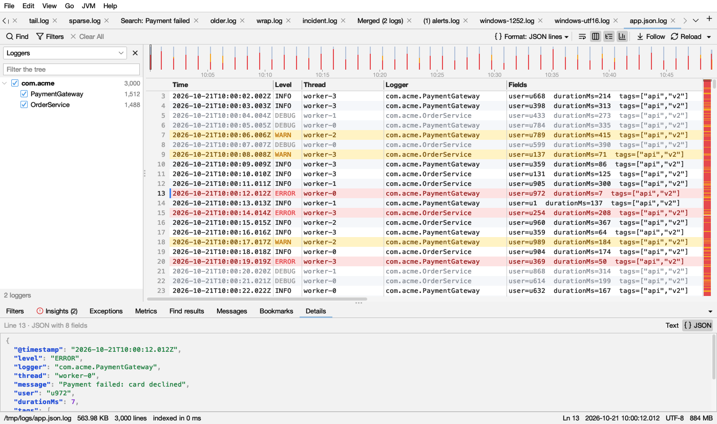 JSON log with details panel