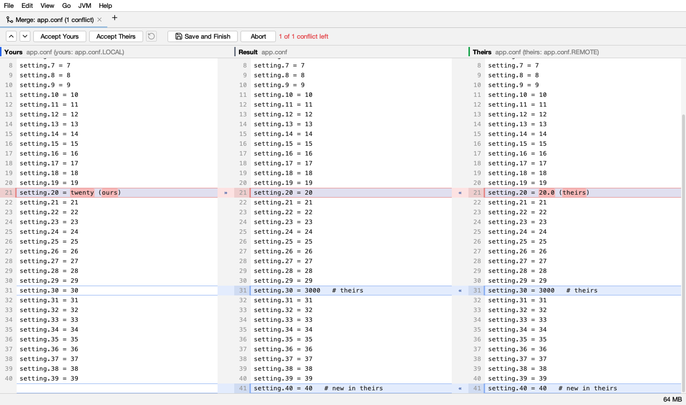 A merge: a conflict on setting.20 in red, a change of theirs already taken in the result