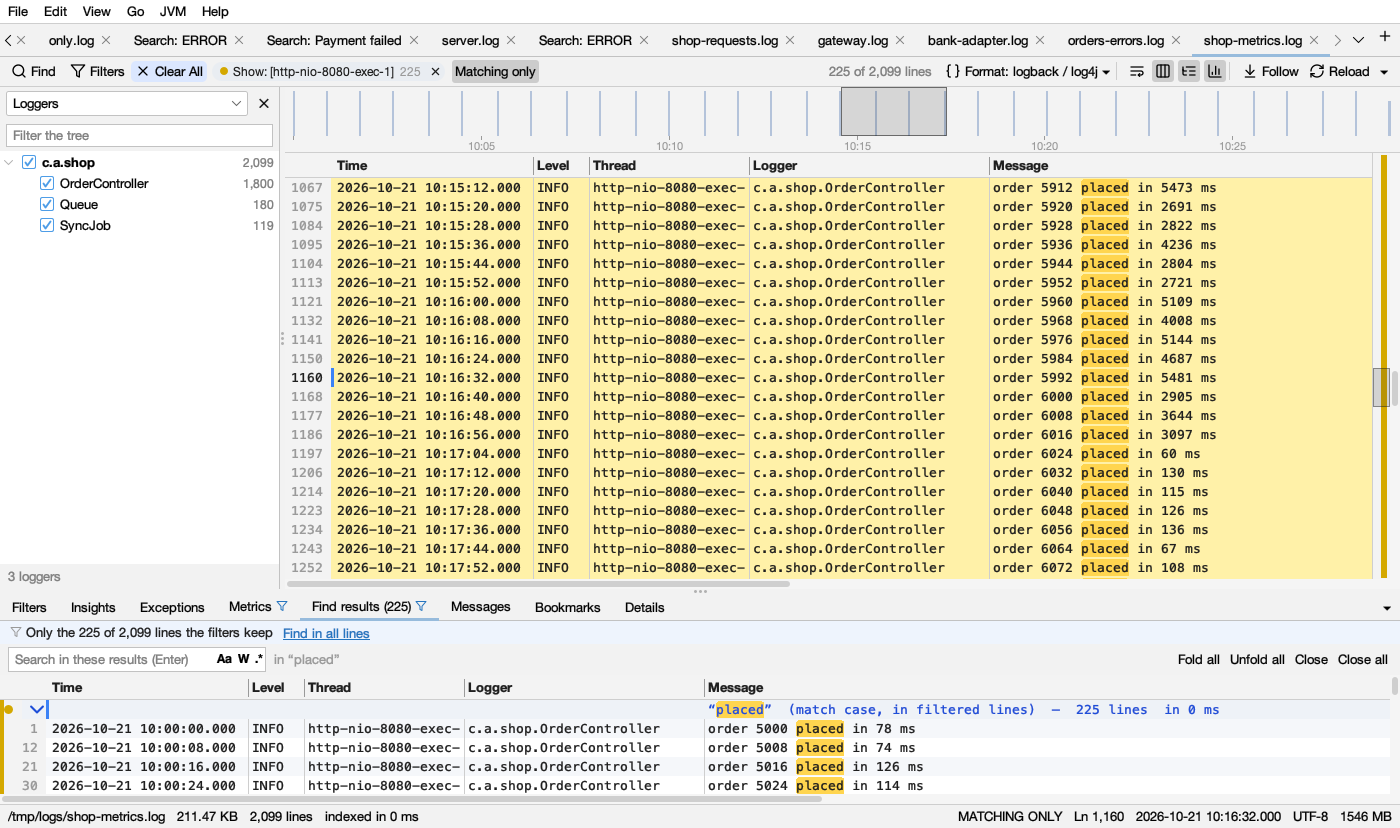 Find results and Metrics marked with the filter icon, and the strip at the top of Find results