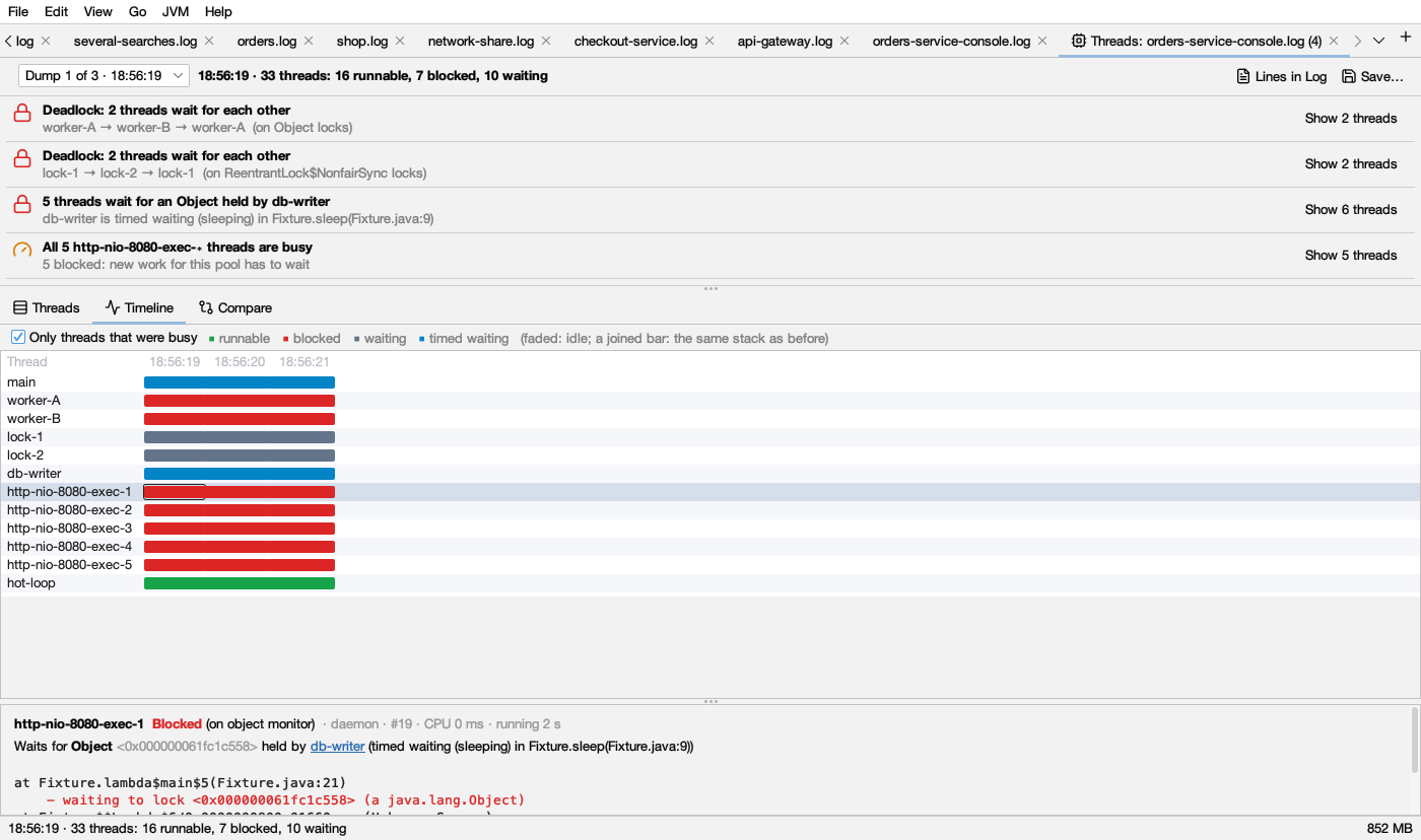 One row per thread and one cell per dump, coloured by state