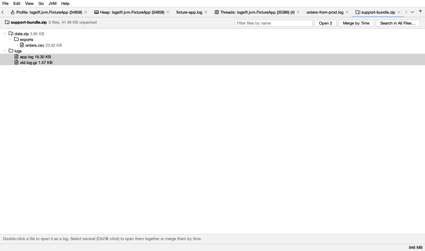 The files of a zip, also of a zip inside it, to open or search